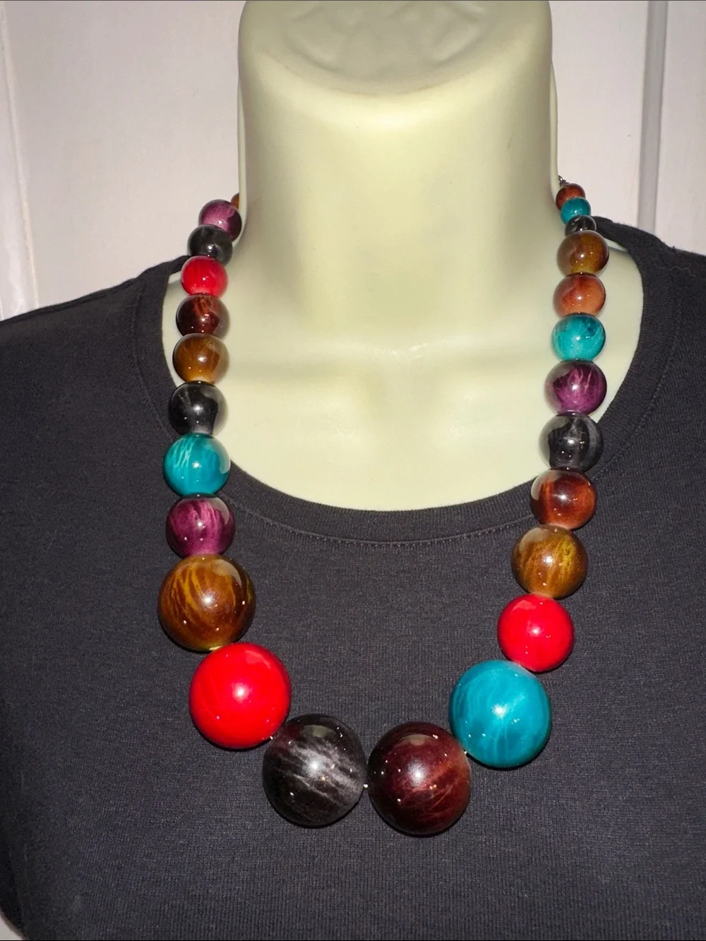 Multicolor Chunky Beaded Statement Necklace - Turquoise, Red, Brown, Purple